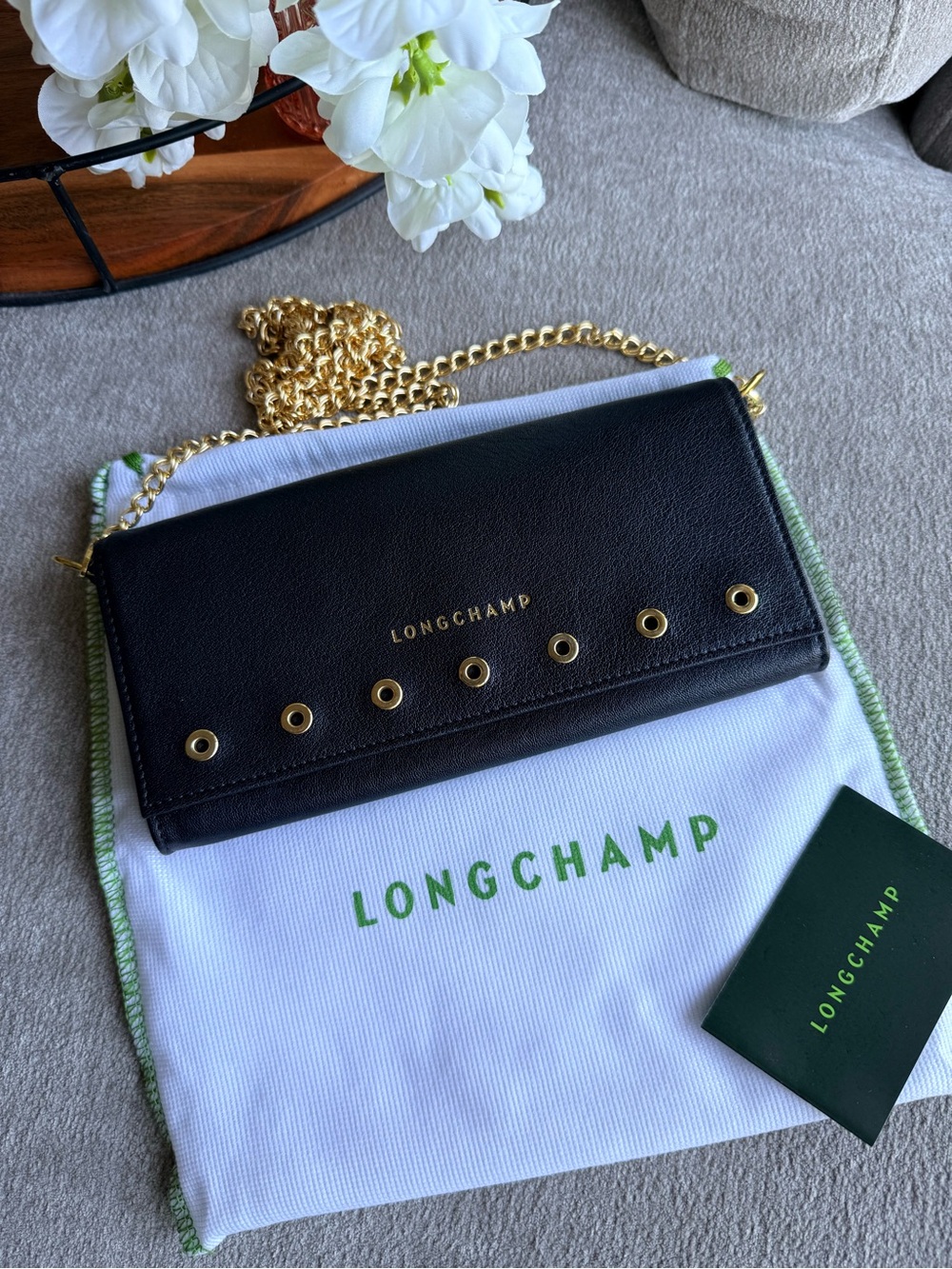 Longchamp Paris Black Leather Wallet with Gold Studs on Chain NWT